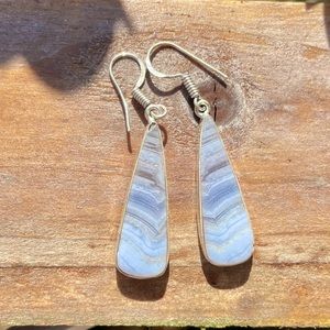 😵 Blue lace agate 925 Sterling Silver drop earrings hang dangle banded hook